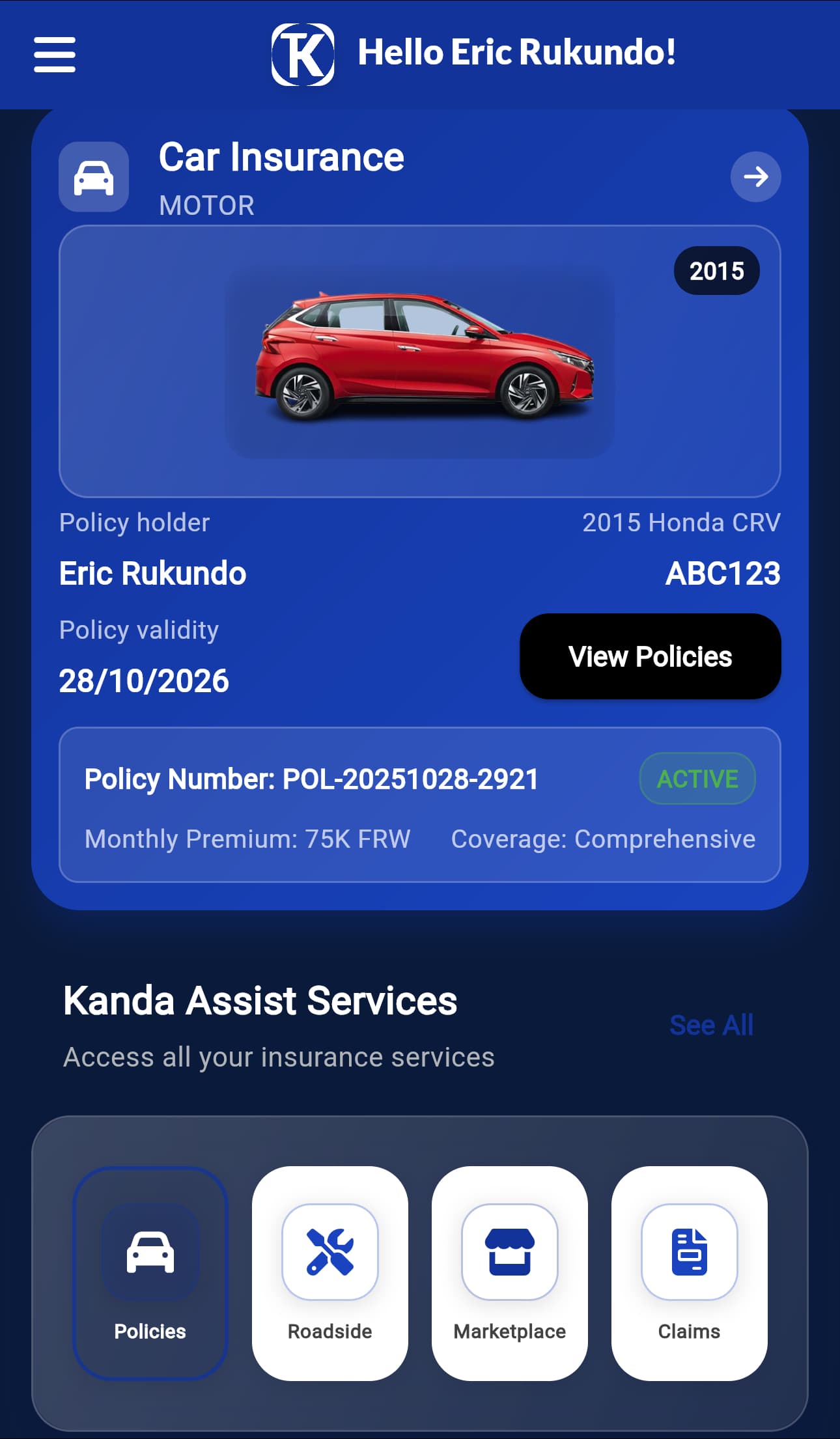 Kanda Assist app dashboard